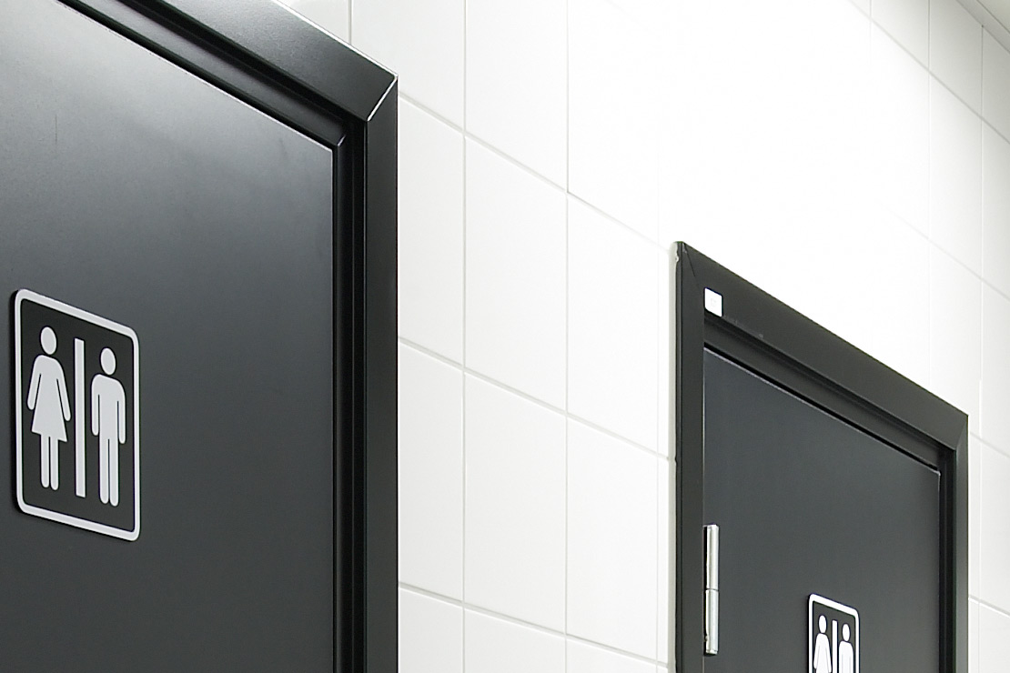 Svarta våtrumsdörrar med stålkarm i badrum